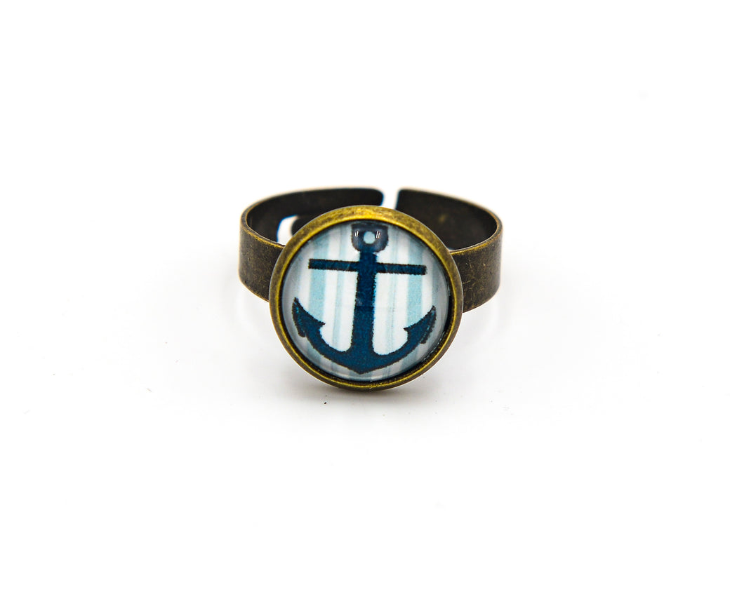 Ring mit Anker gestreift und Glasknopf in Bronze 12mm