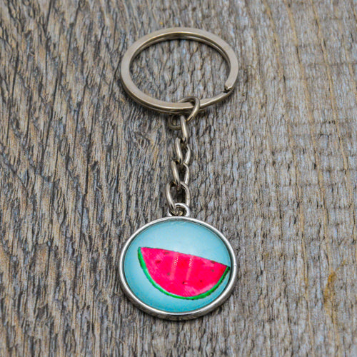 Schlüsselanhänger mit Glaskuppel Wassermelone Silber